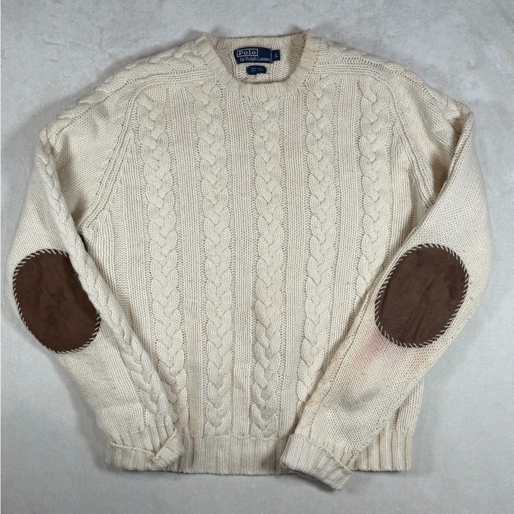 Polo Ralph Lauren Wool Linen Blend Ivory Cable Knit Sweater Brown Elbow Patches